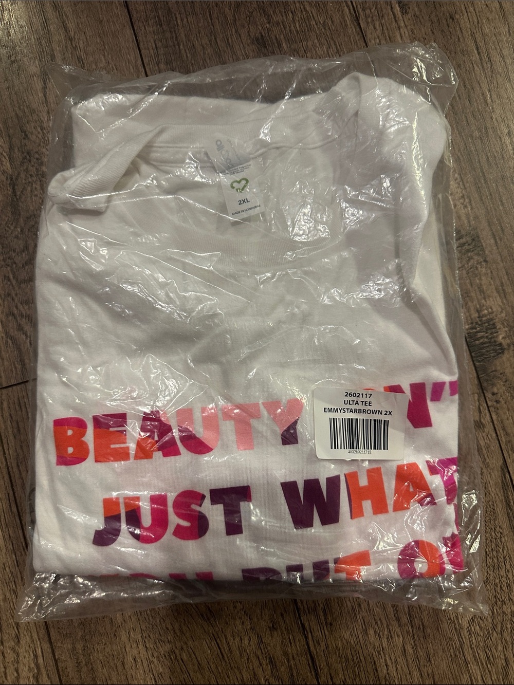 White Graphic Tee with Pink, Purple & Orange Text